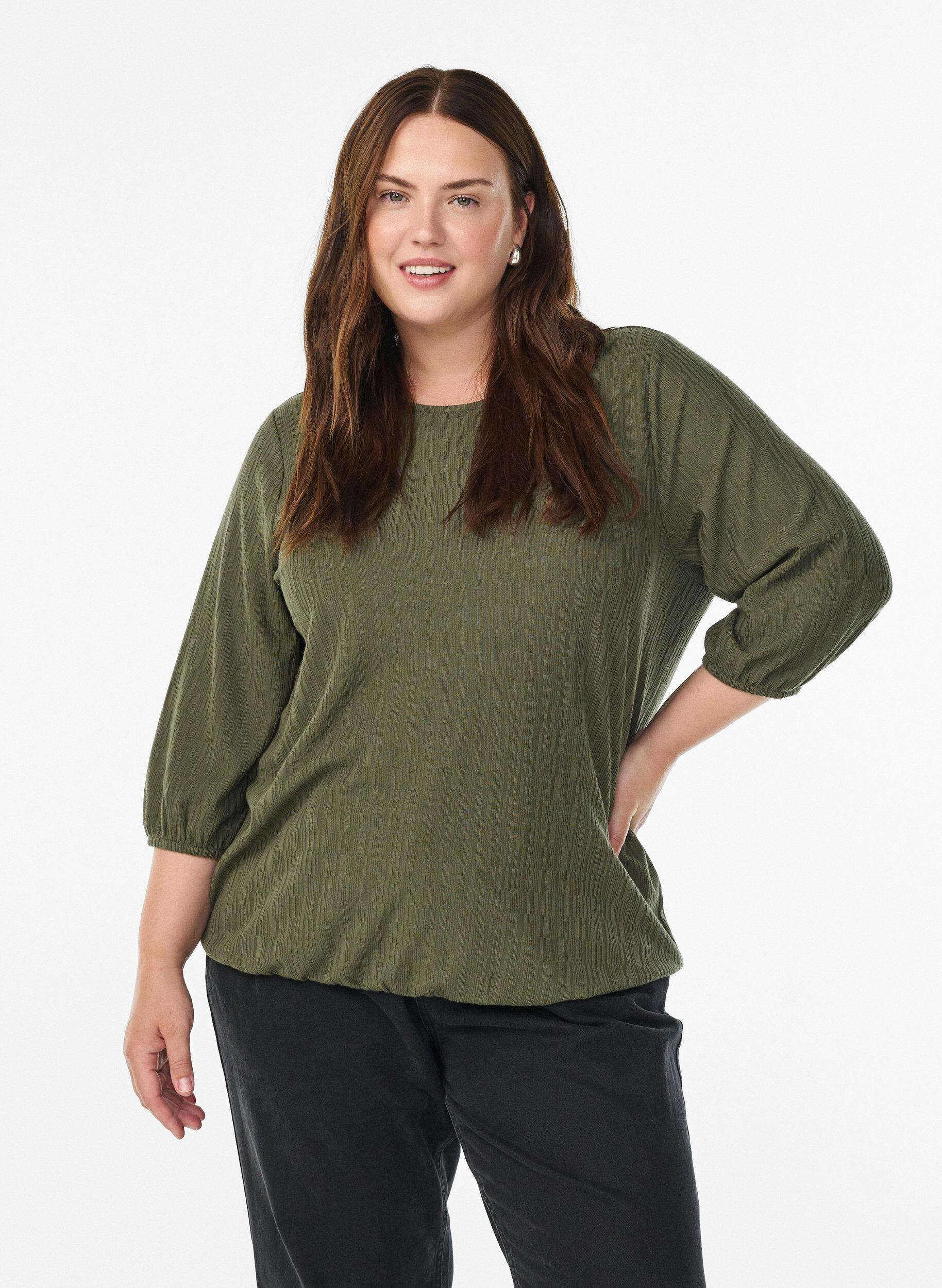 Blouse met textuur en 3/4 mouwen, Groen, Model