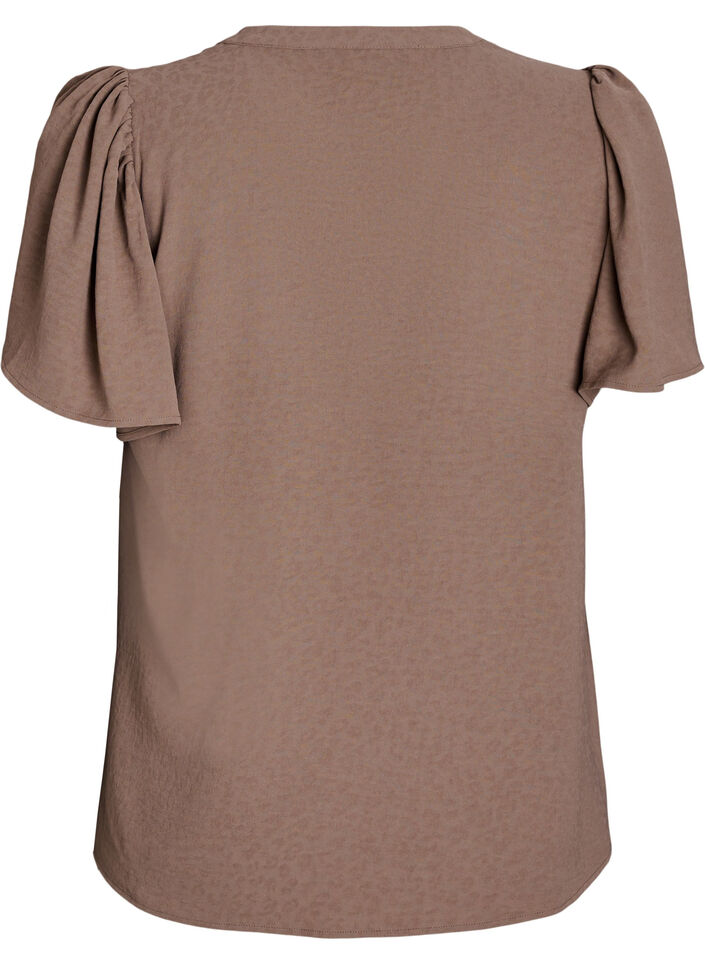 Blouse met korte mouwen met ruches en V-hals, Bruin, Packshot image number 1