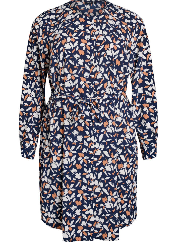 Langärmelige overhemdjurk met strikceintuur, Blauw, Packshot image number 0