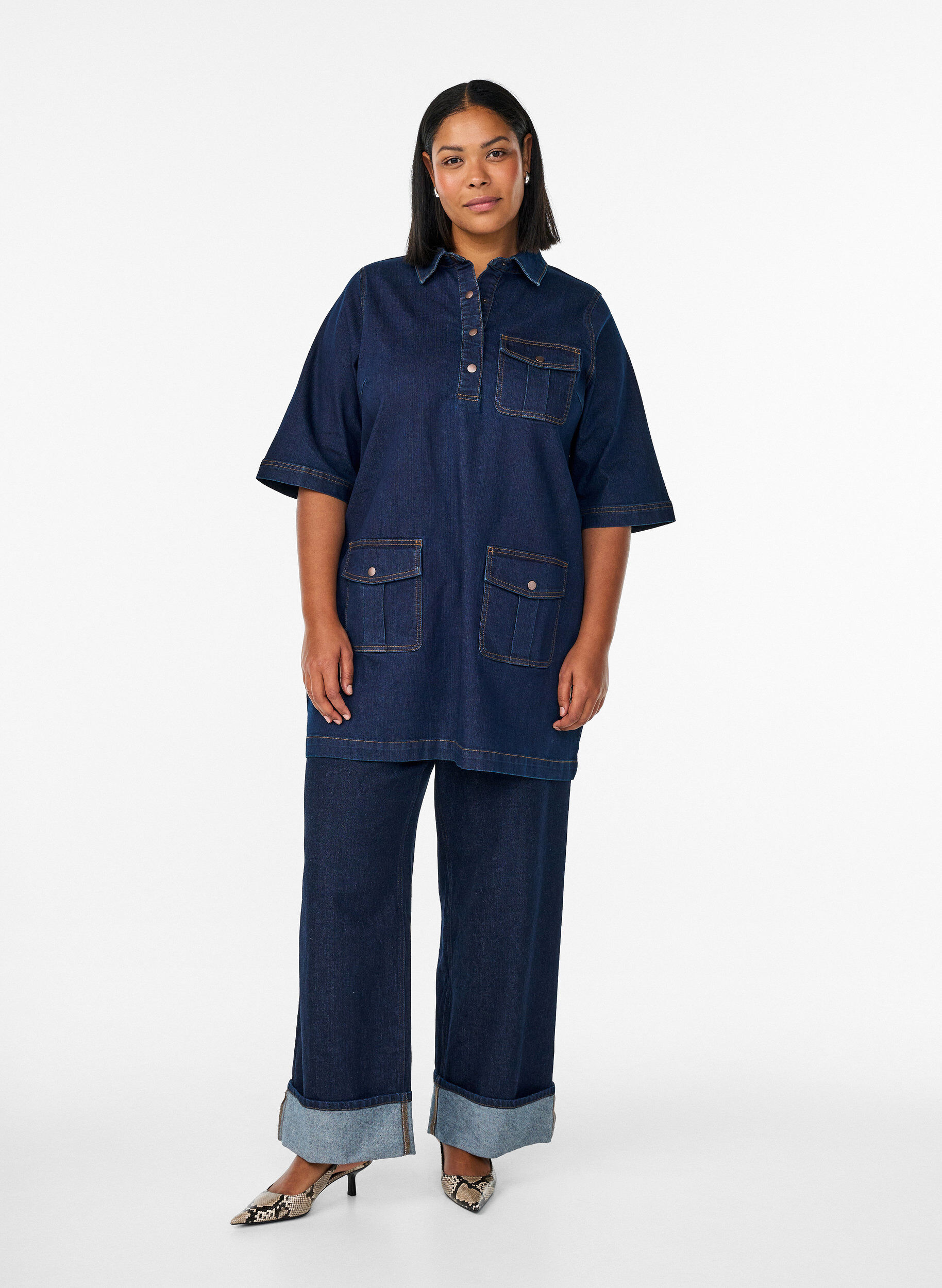 ZizziDenim jurk met grote zakken en 3/4 mouwen, Blauw, Model image number 1
