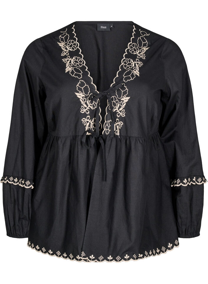 Blouse met open voorkant en geborduurde details, Zwart, Packshot image number 0
