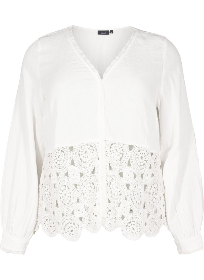 Katoenen mousseline blouse met haakdetails, Vanille, Packshot image number 0