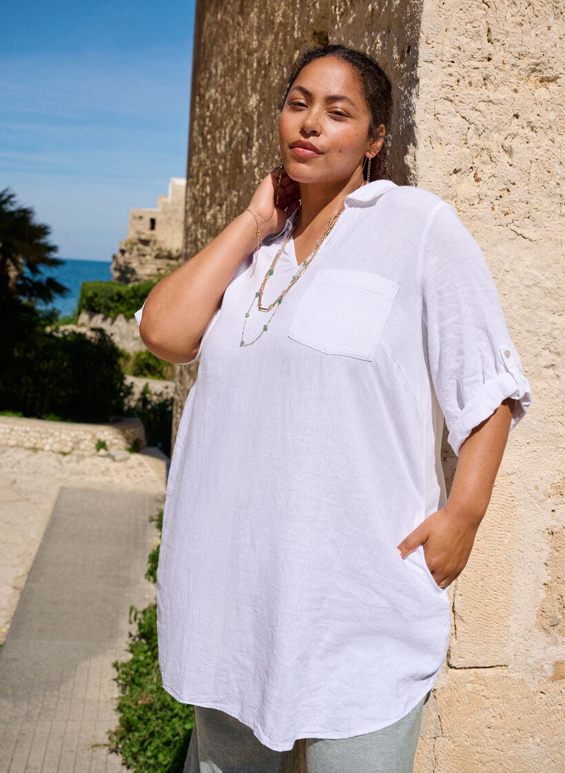 Tuniek van linnen en viscose met A-vorm, Bright White, Image