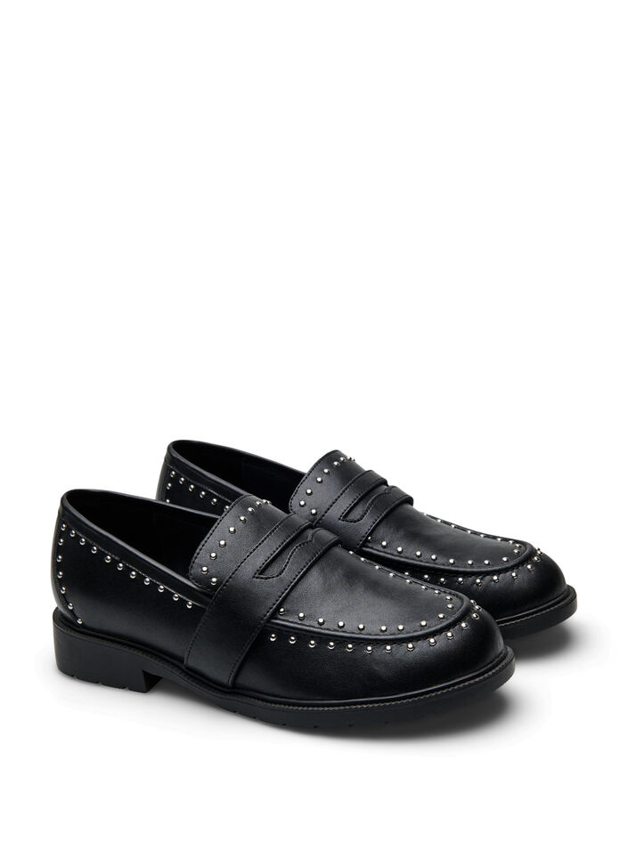 Wide fit - Leren loafers met studs, Black, Packshot