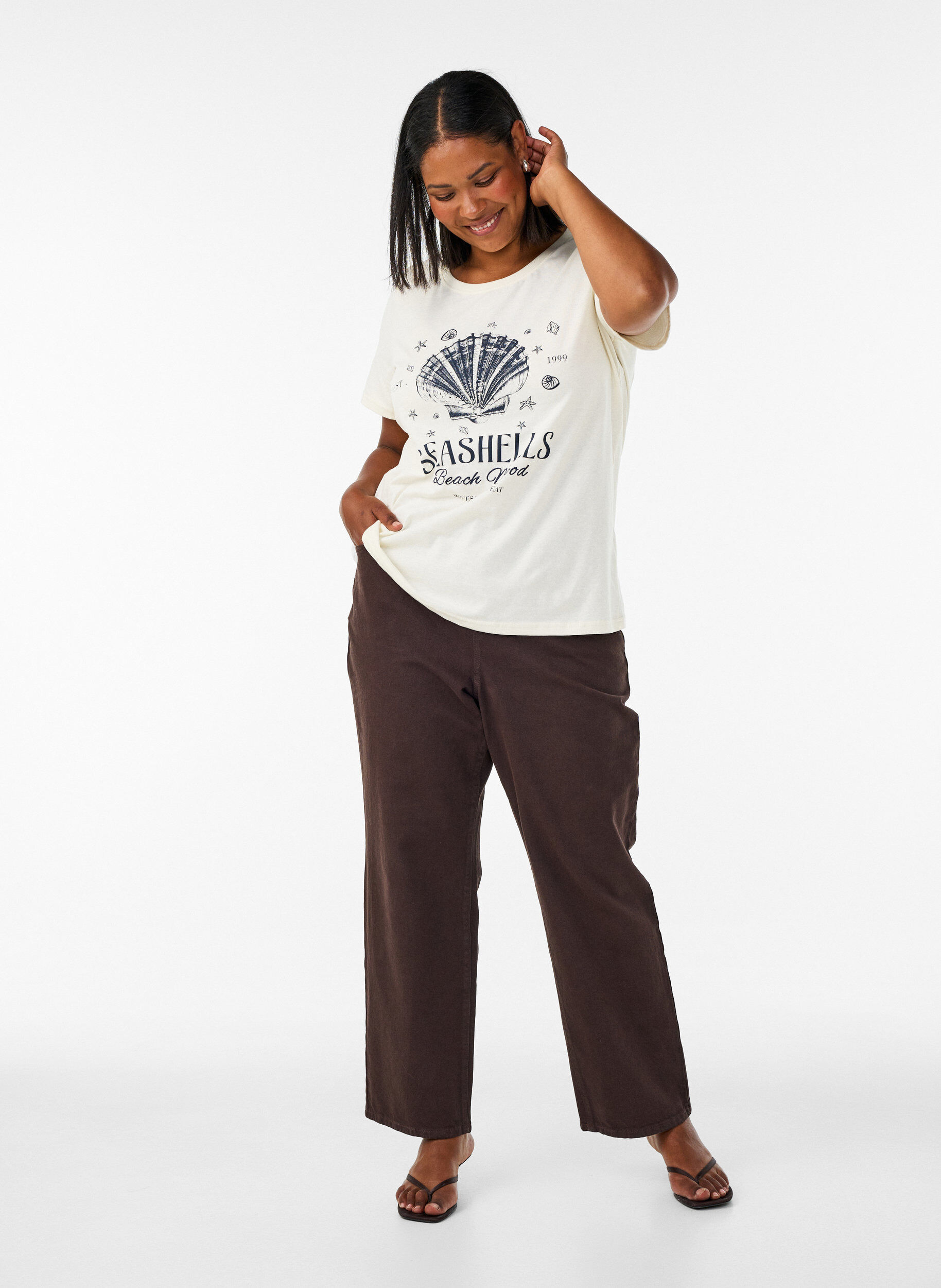ZizziKatoenen T-shirt met print, Vanille, Model image number 1