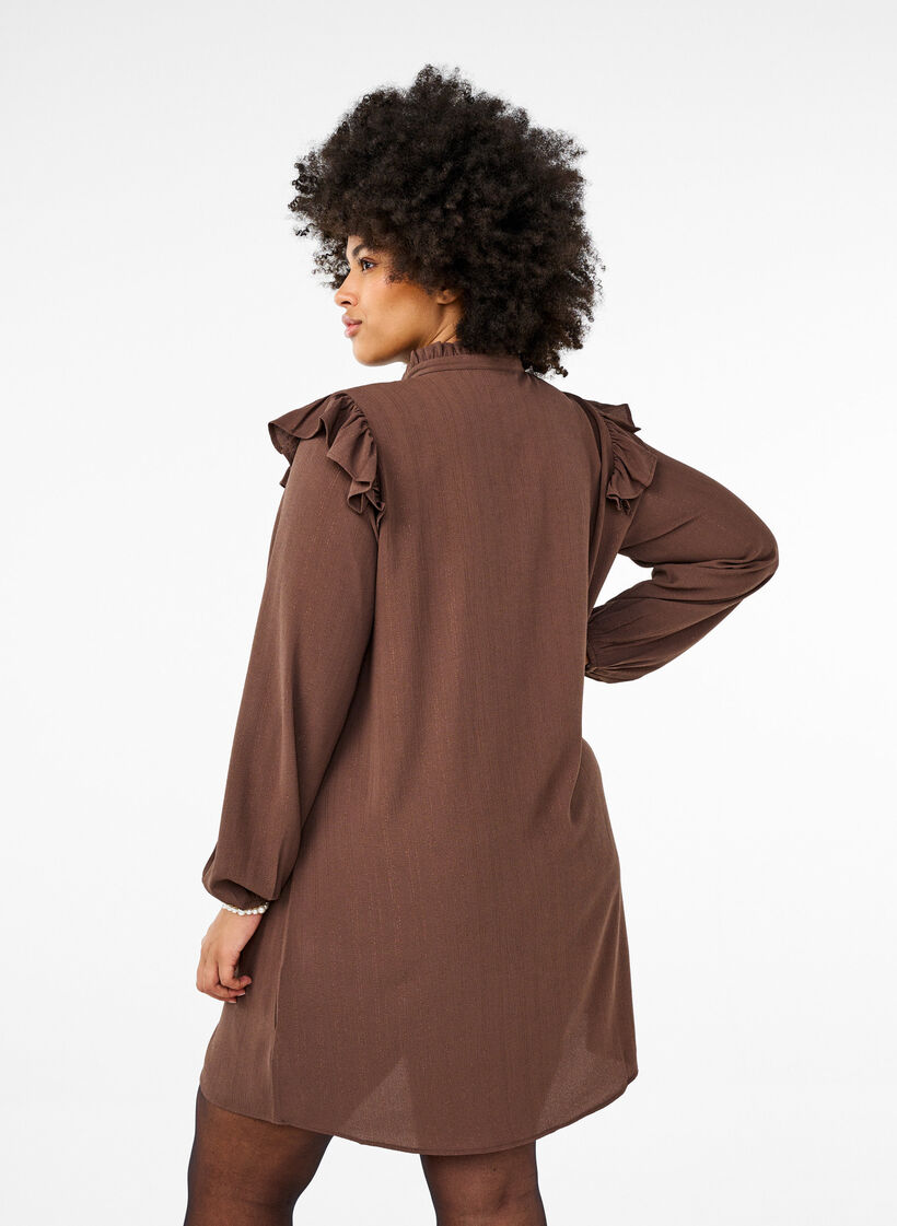 Kort jurkje met ruches en glitter, Bruin, Model image number 2