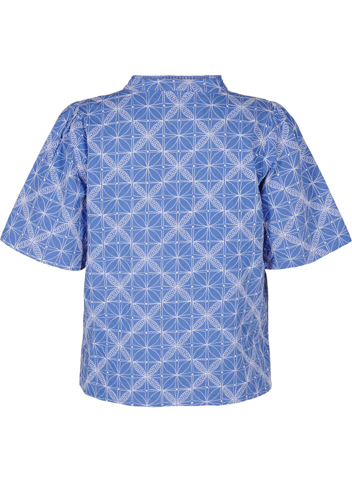 Blouse met korte mouwen en geborduurd patroon, Blauw, Packshot image number 1