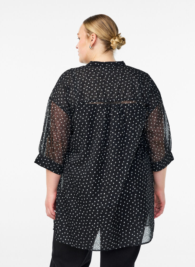 Chiffon tuniek met fluwelen stippenpatroon, Zwart, Model image number 2