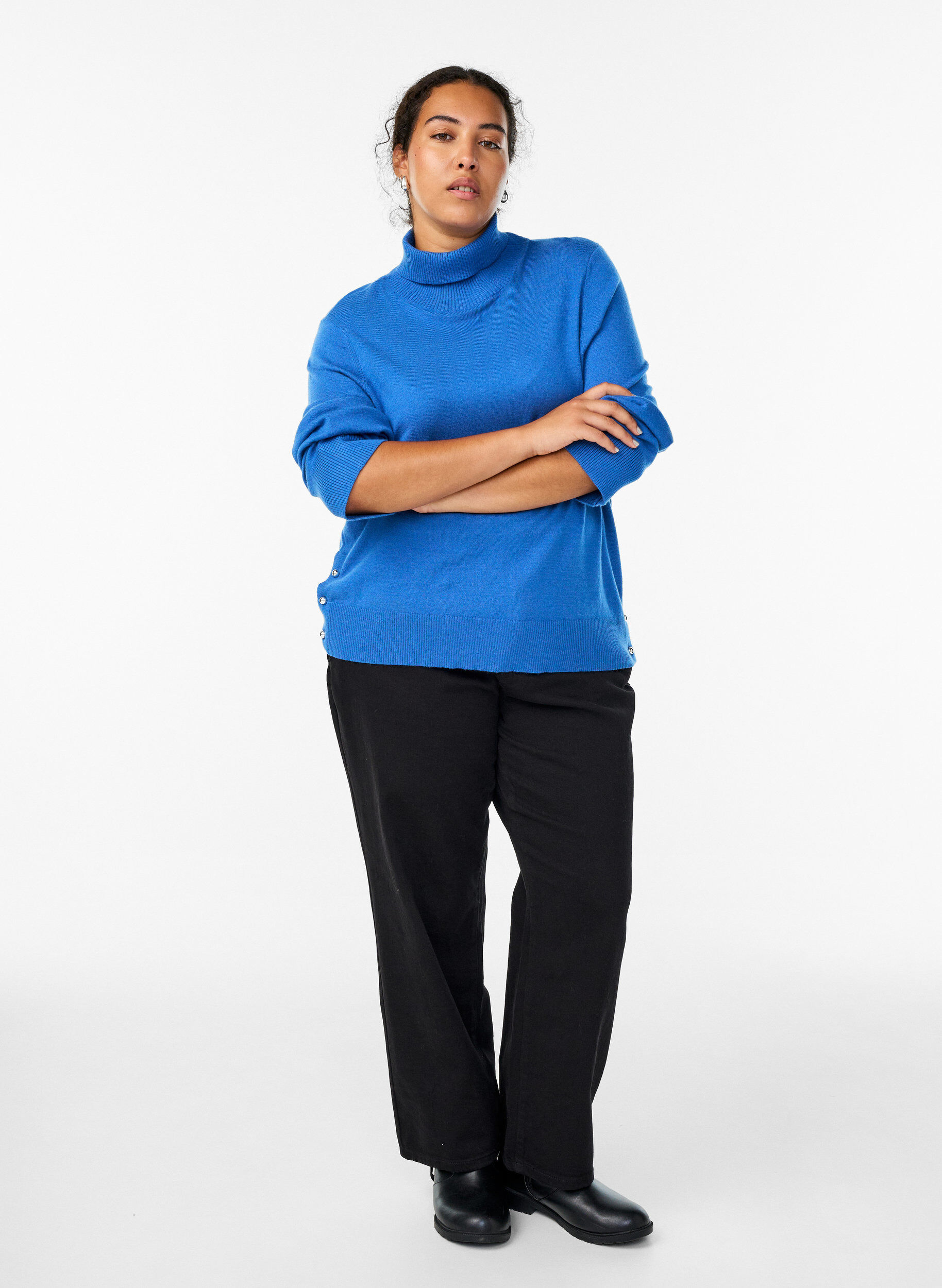 ZizziGebreide blouse met col en knopen aan de zijkant, Blauw, Model image number 1