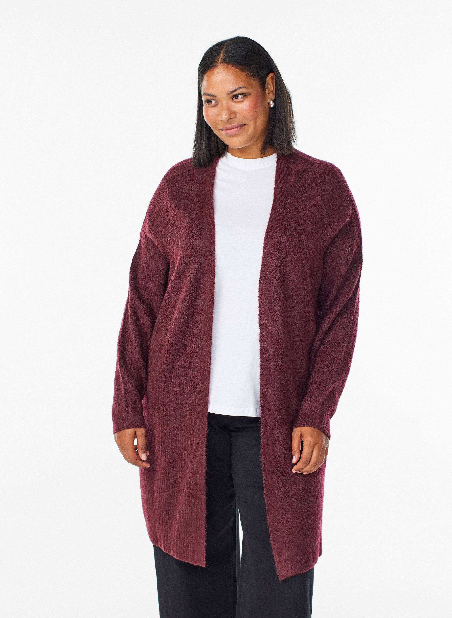 FLASH - Lange ribgebreide cardigan met open voorkant, Rood, Model