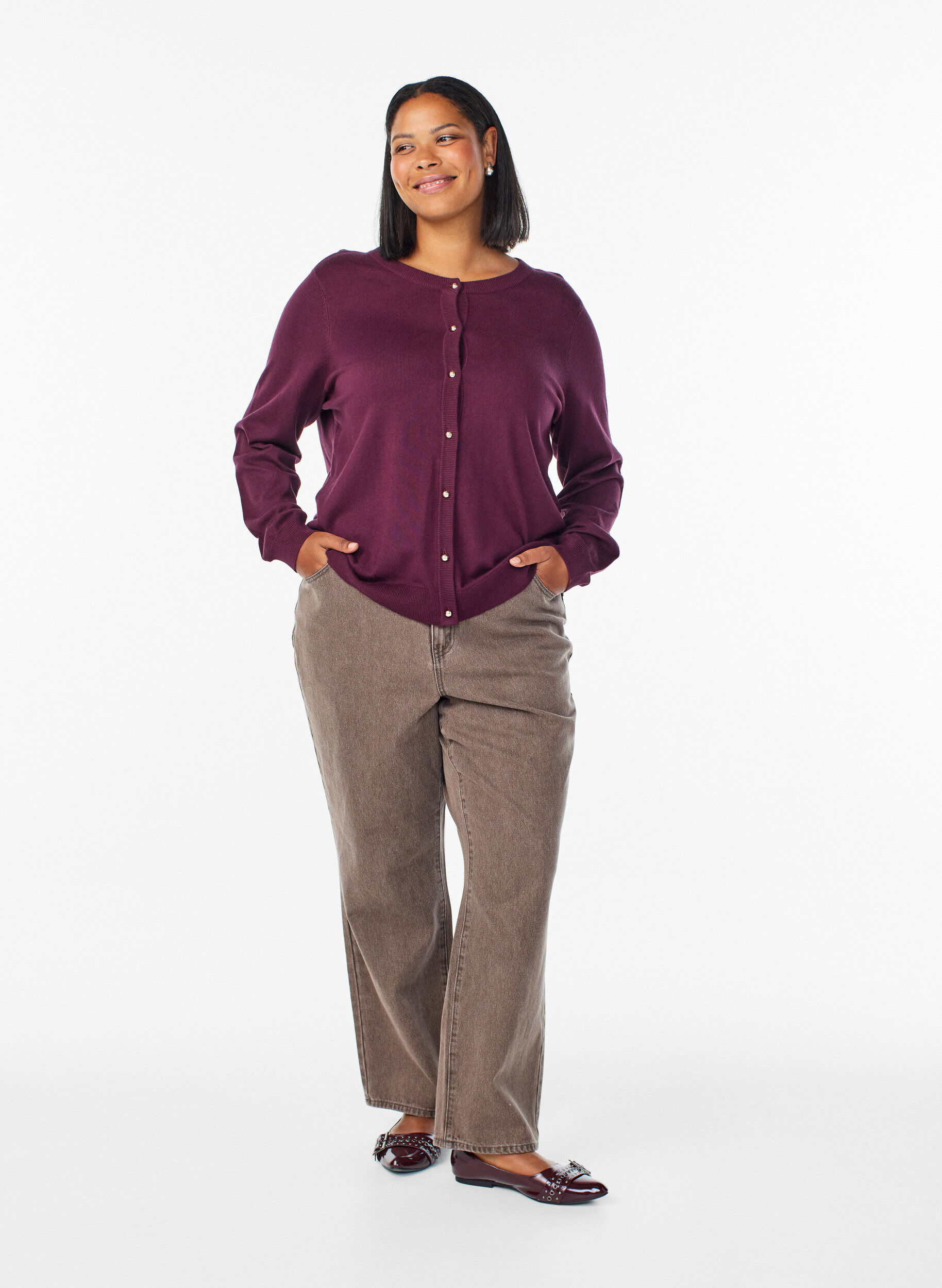 ZizziFijne cardigan met bal knopen, Rood, Model image number 1