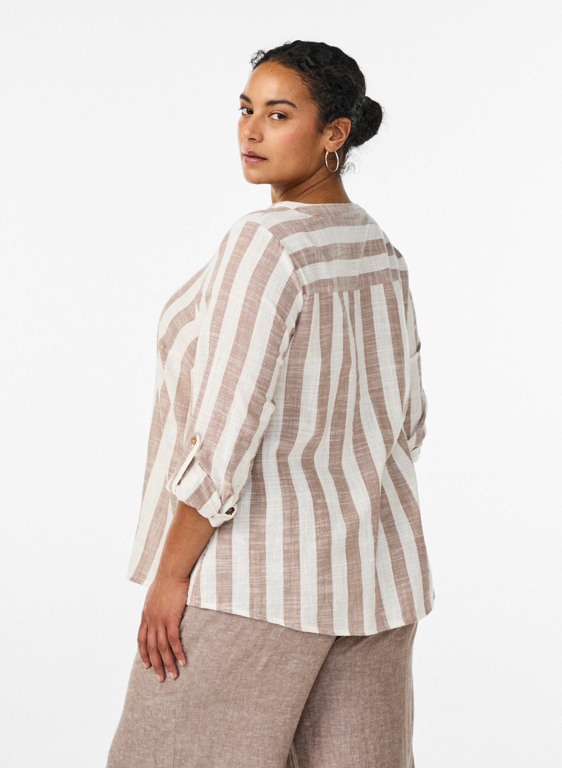 ZizziKatoenen blouse met V-hals, Beige, Model image number 2