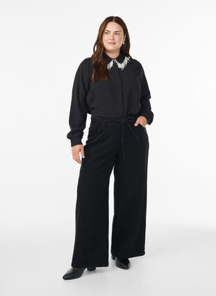 ZizziViscose tuniek met parelgeborduurde kraag, Black, Model image number 1