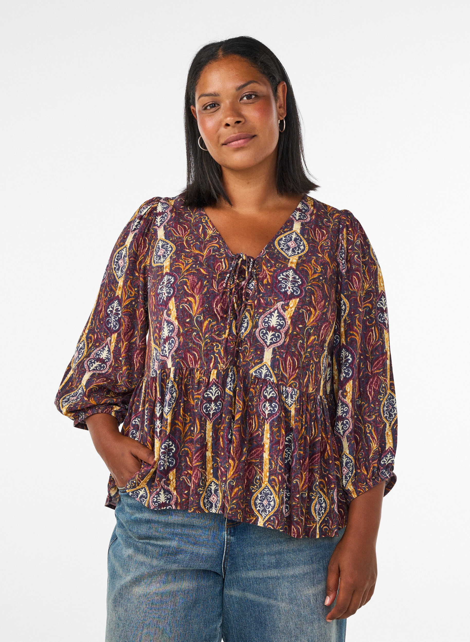 Blouse met paisleyprint en kanten detail, Paars, Model