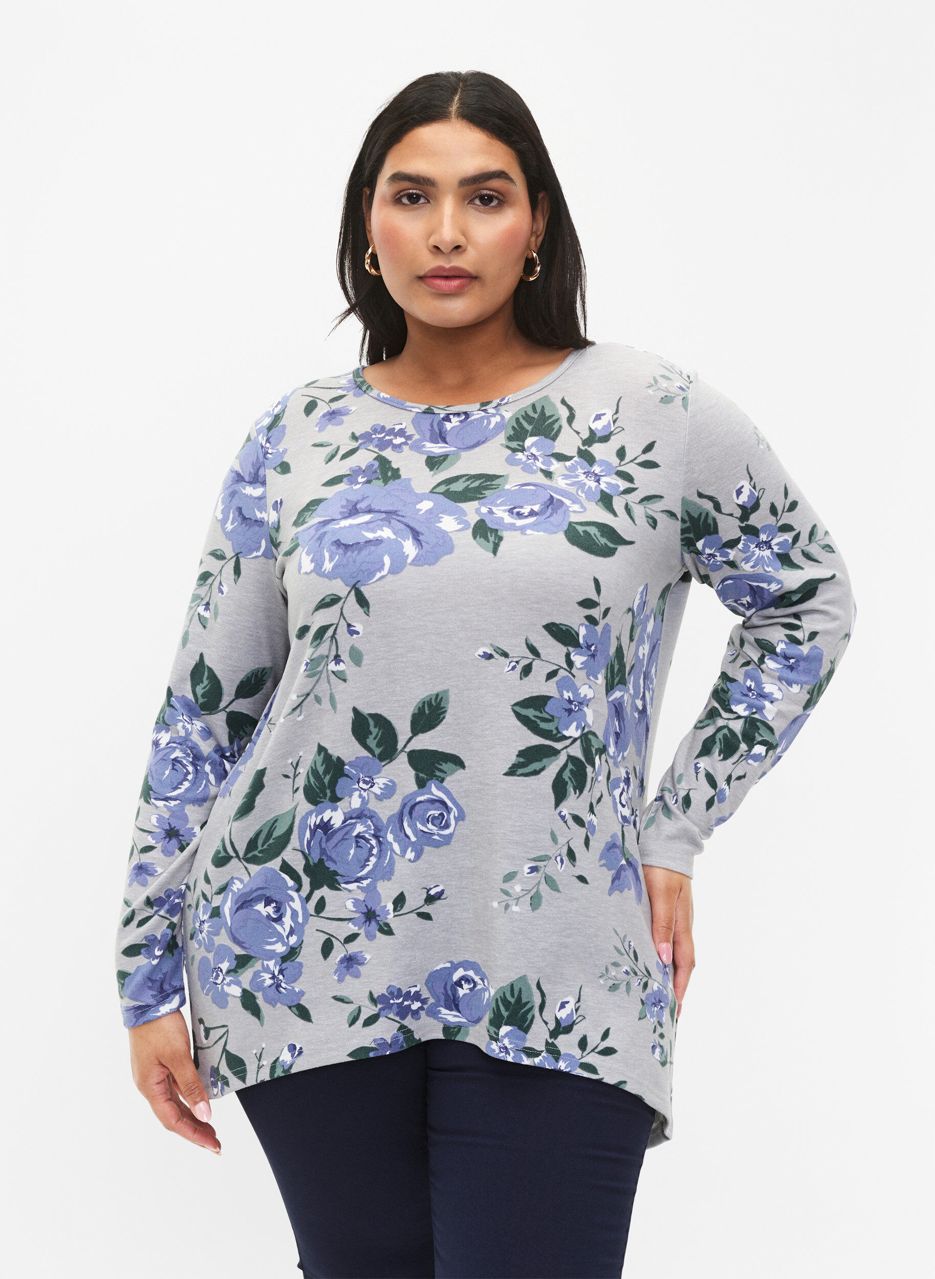 Gebloemde blouse met lange mouwen, Blauw, Model