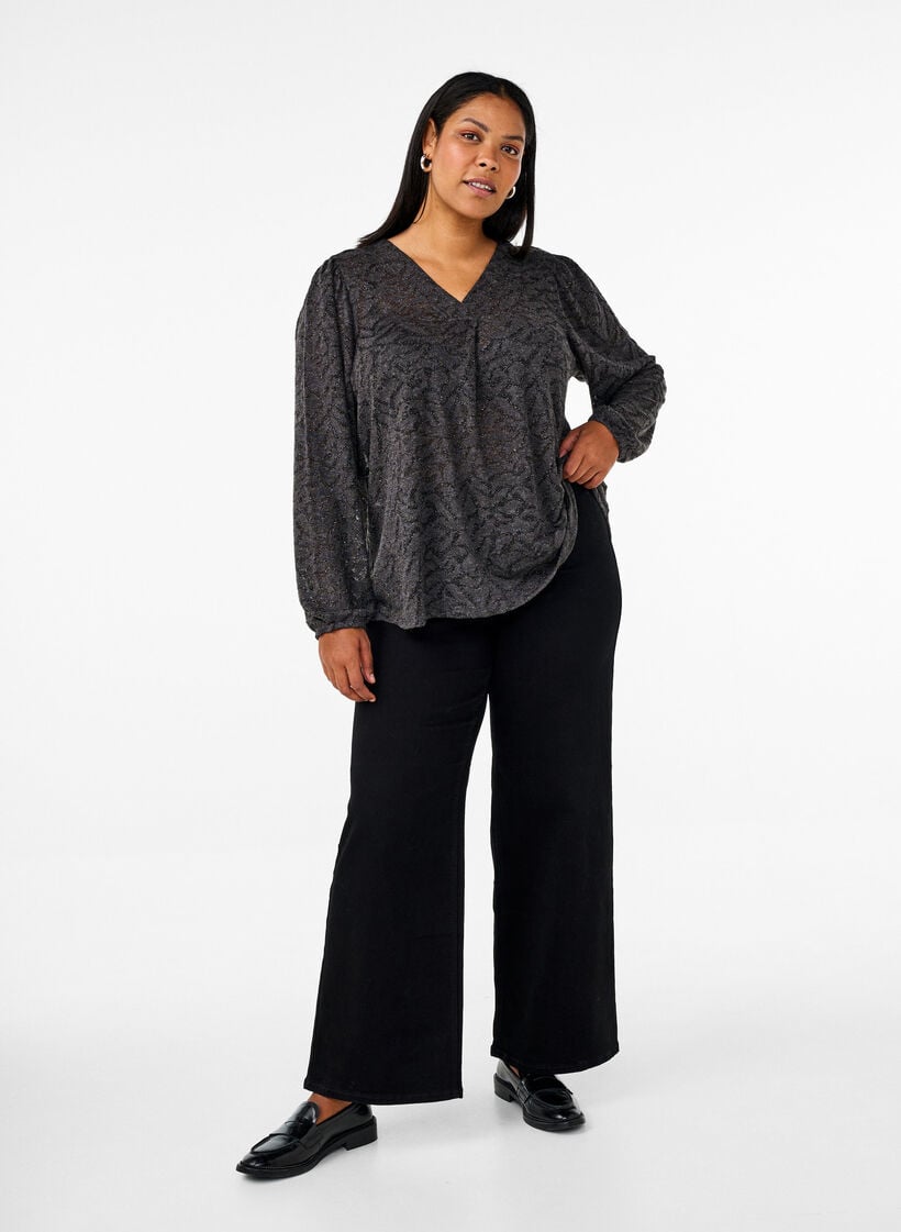 Blouse met lange mouwen met glitter en patroon, Grijs, Model image number 1