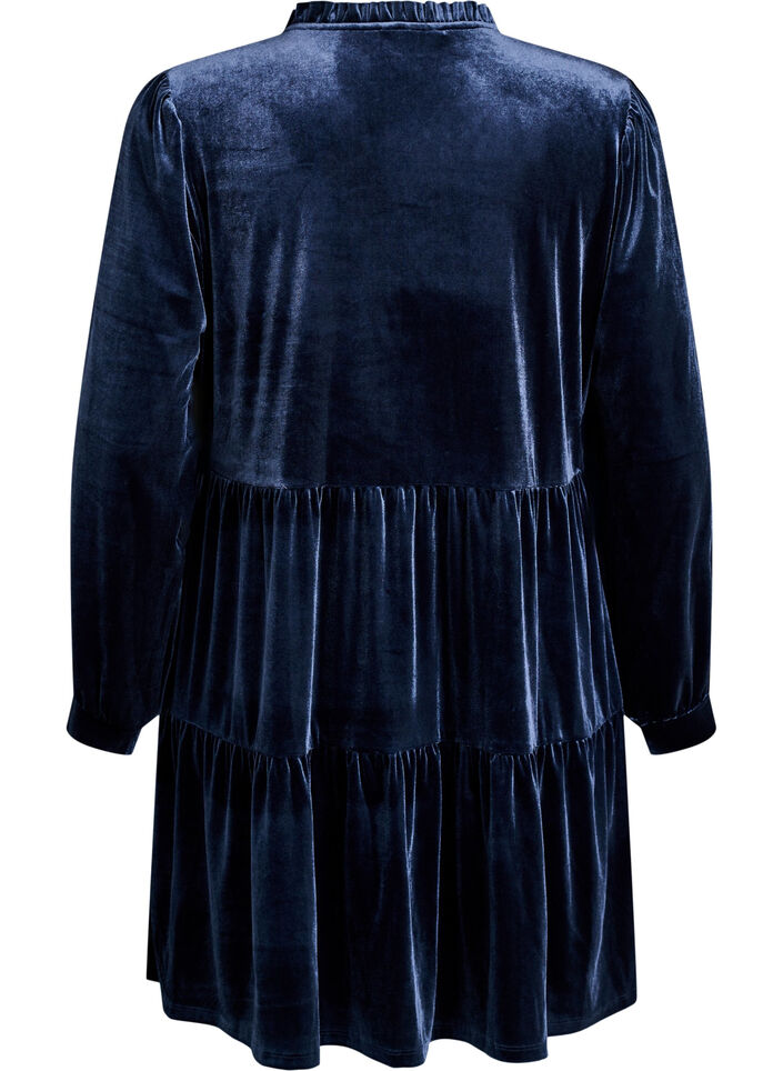 Veloursjurk met lange mouwen en een ruchekraag, Blauw, Packshot image number 1