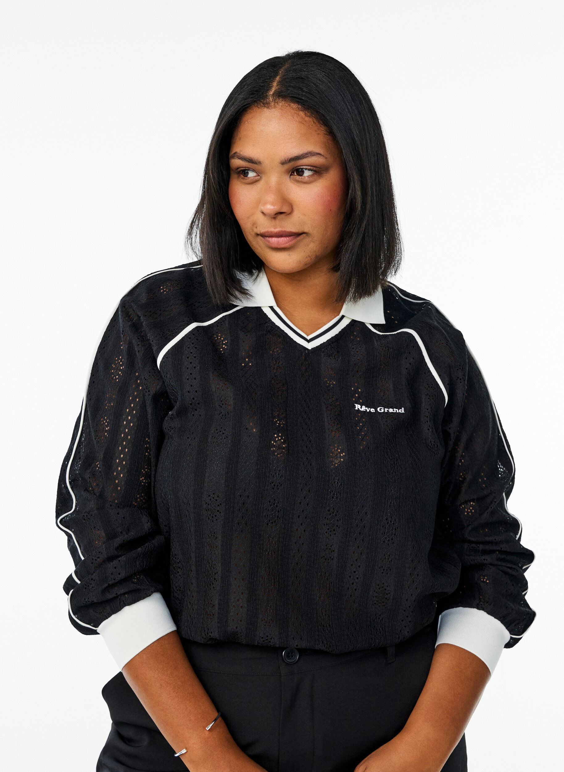 ZizziJersey blouse met een textuur en contrasterende details, Zwart, Model image number 0