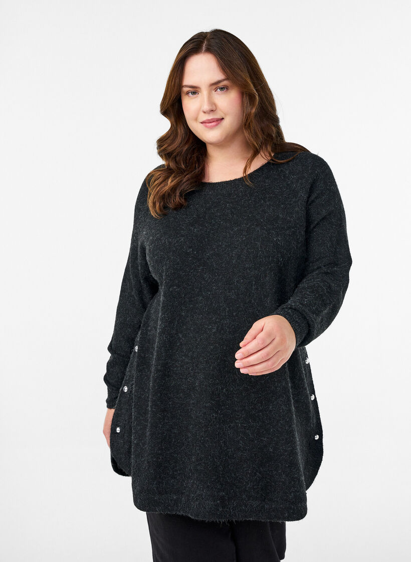 Lange gebreide blouse met balknopen, Grijs, Model image number 0