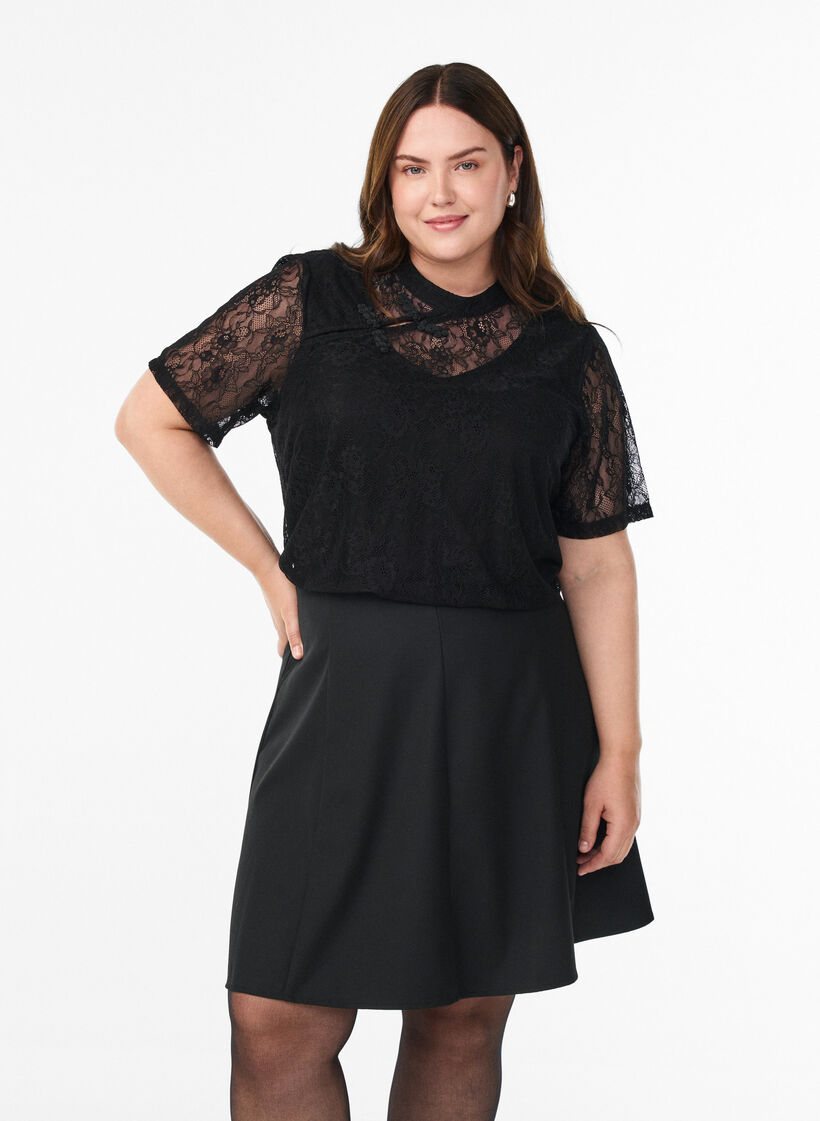 Kanten blouse met twistdetail en korte mouwen, Zwart, Model