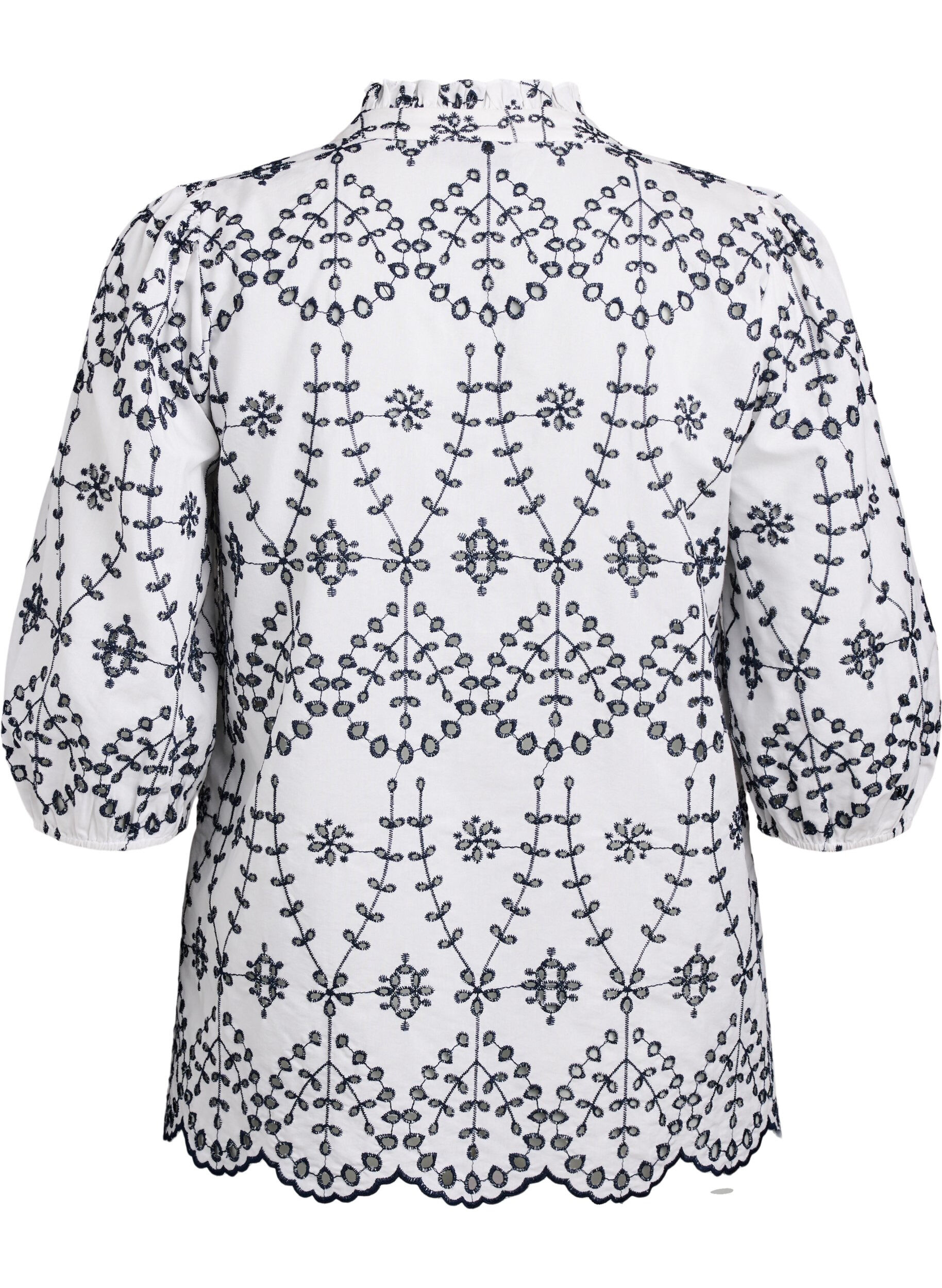 ZizziBlouse met 3/4 mouwen en contrasterende broderie anglaise, Wit, Packshot image number 1