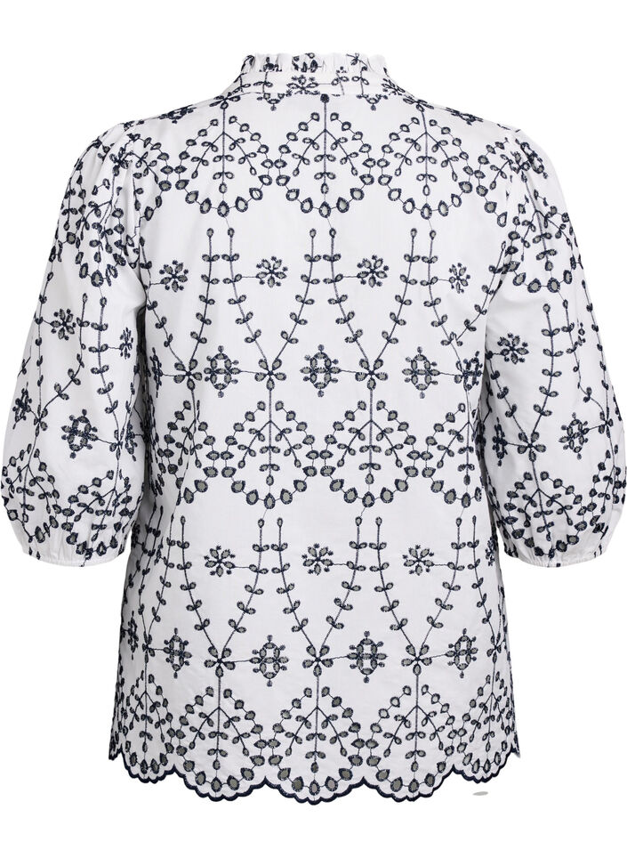 Blouse met 3/4 mouwen en contrasterende broderie anglaise, Wit, Packshot image number 1