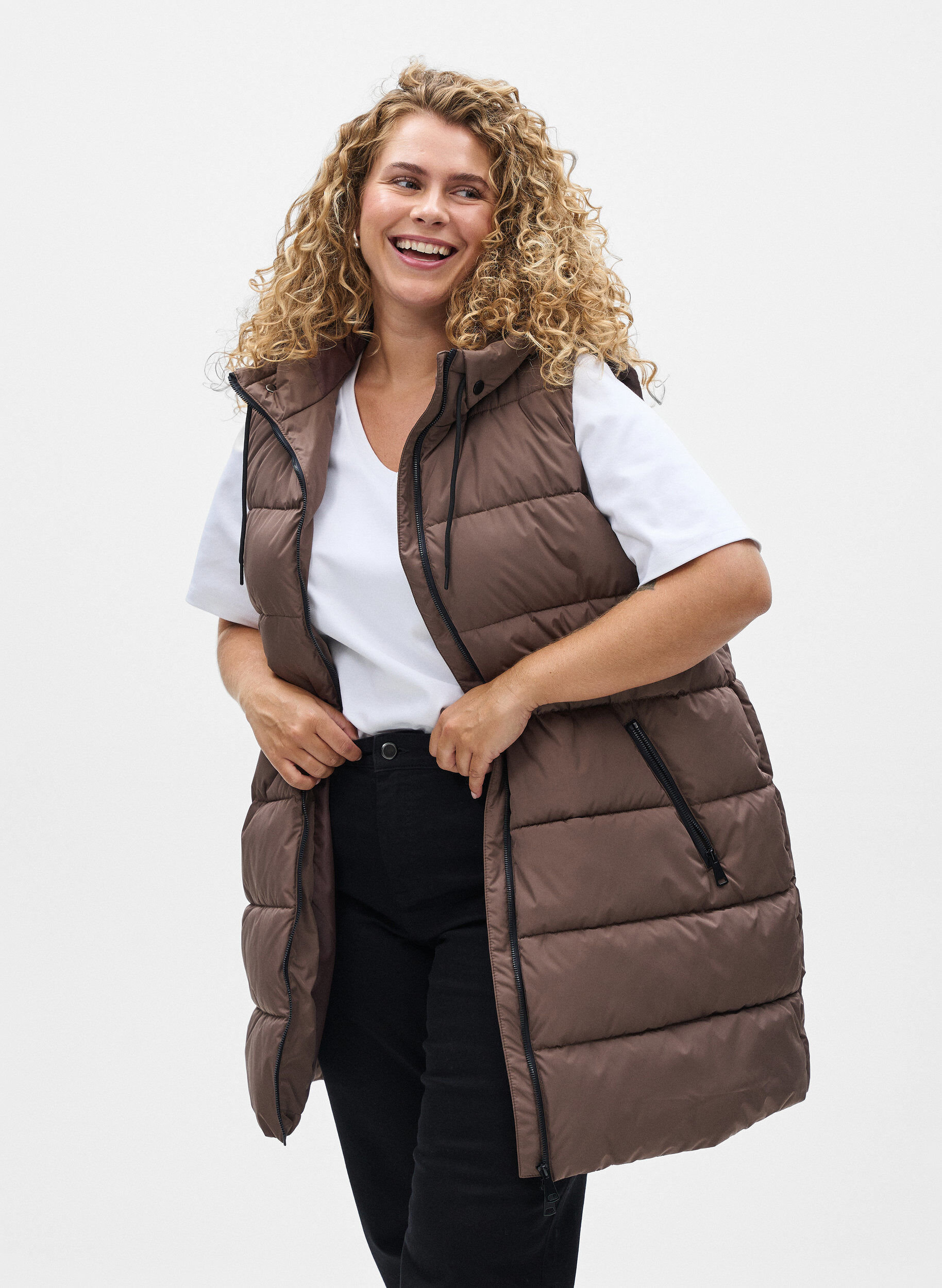 Lange vest met capuchon en zakken, Bruin, Model