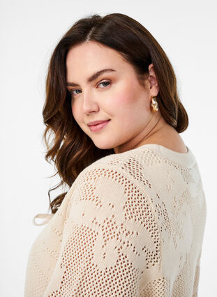 ZizziGebreide cardigan met opengewerkt patroon en strikkoordjes, Birch, Model image number 2