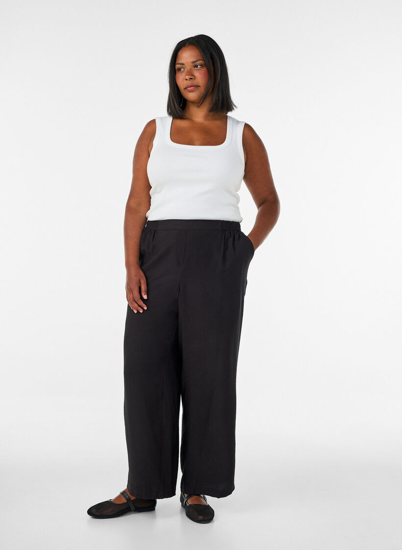 Viscose broek met elastische taille en rechte pijpen, Zwart, Model image number 0