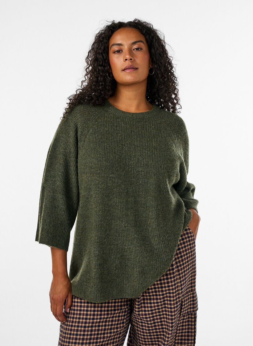 Geribde trui met 3/4 mouwen, Groen, Model image number 0