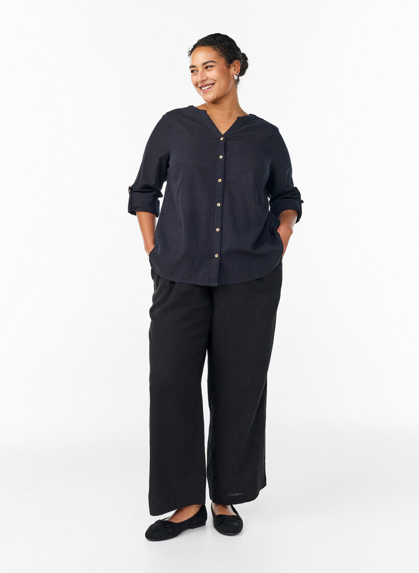 Katoenen blouse met V-hals, Zwart, Model image number 1