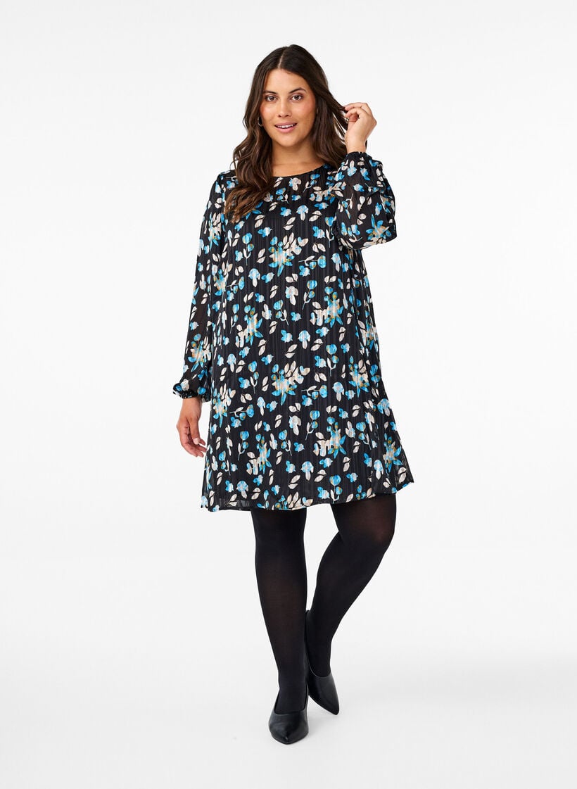Korte jurk met print en een ronde hals, Zwart, Model image number 1