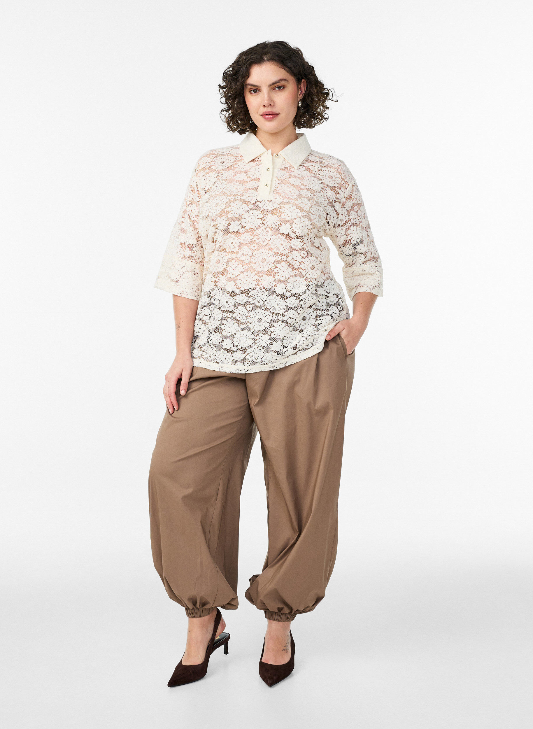 ZizziKanten blouse met kraag en 1/2 mouwen, Vanille, Model image number 1