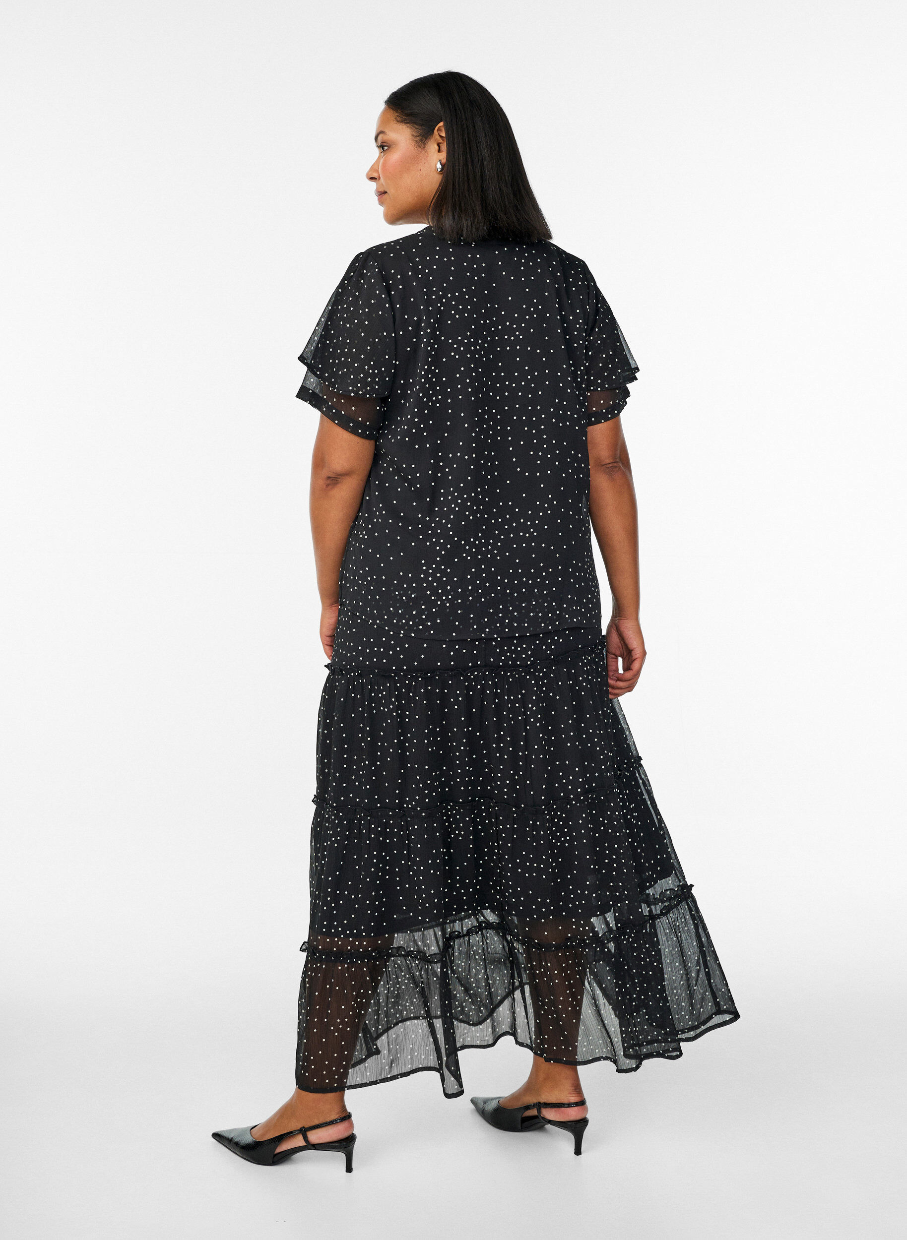 ZizziLange A-lijn chiffon rok met stippen, Zwart, Model image number 1