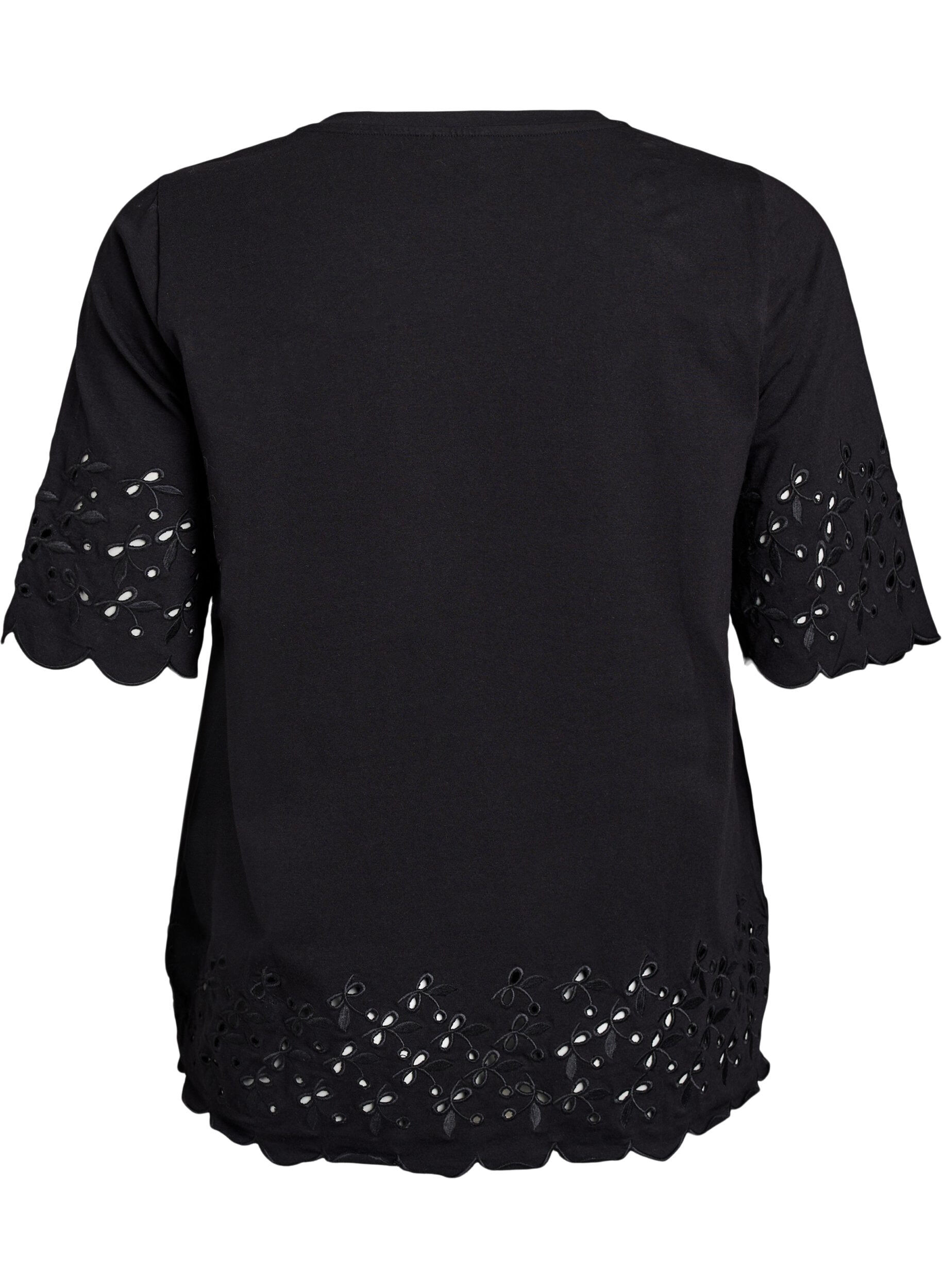 ZizziT-shirt met broderie anglaise en geschulpte randen, Zwart, Packshot image number 1