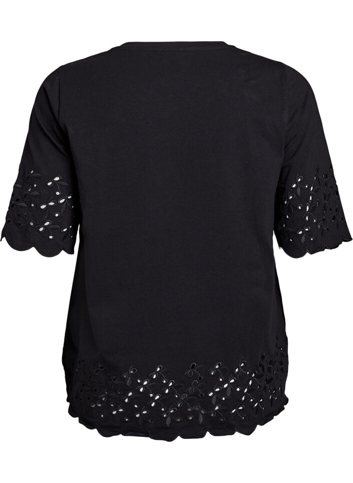 T-shirt met broderie anglaise en geschulpte randen, Zwart, Packshot image number 1