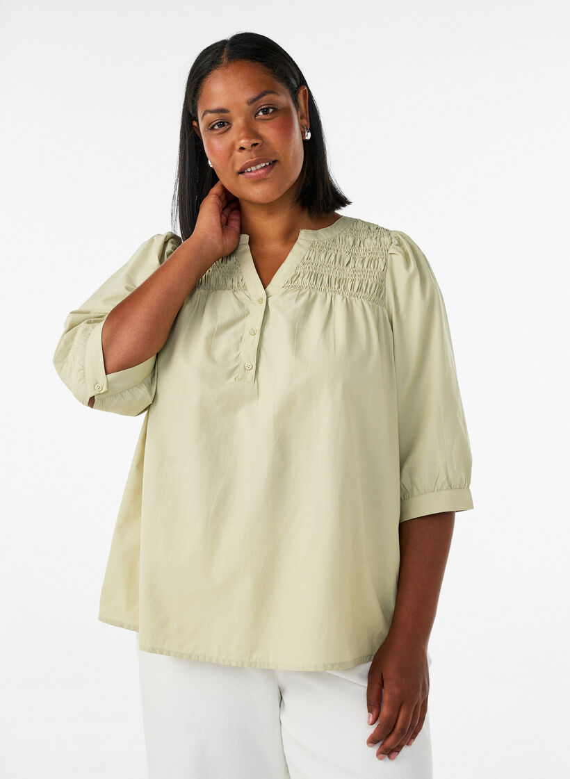 Blouse met smock en 3/4-mouwen, Groen, Model image number 0