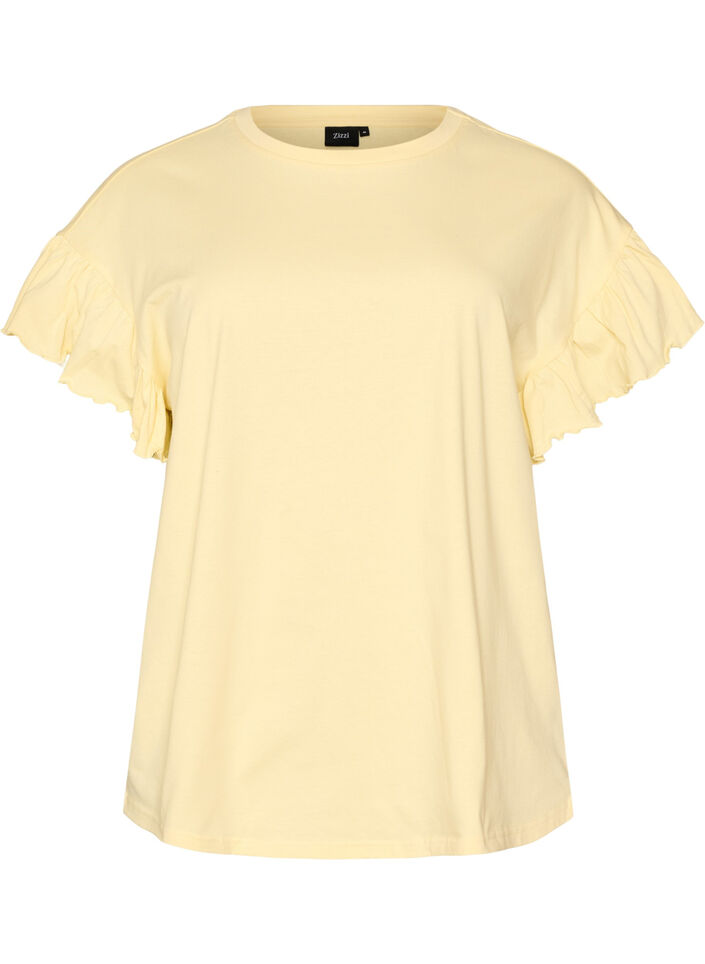 T-shirt van biologisch katoen met ruches mouwen, Geel, Packshot image number 0