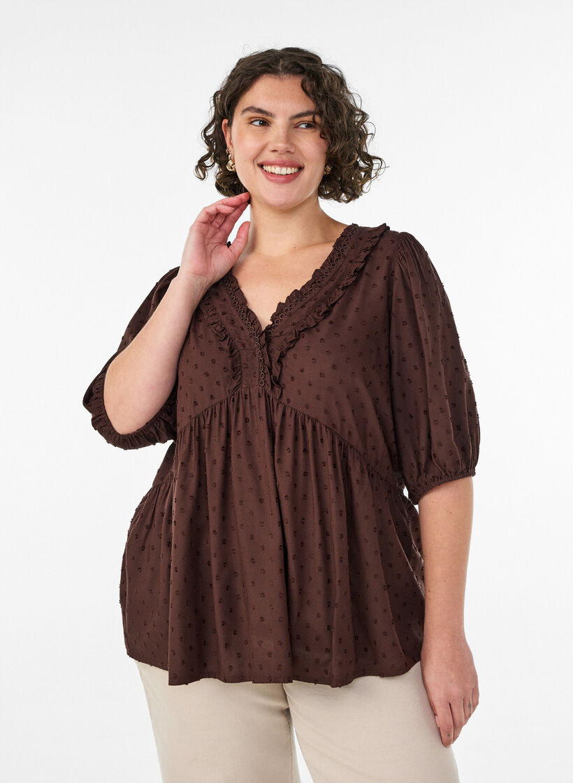 Viscose blouse met een stippenstructuur en V-hals, Bruin, Model image number 0