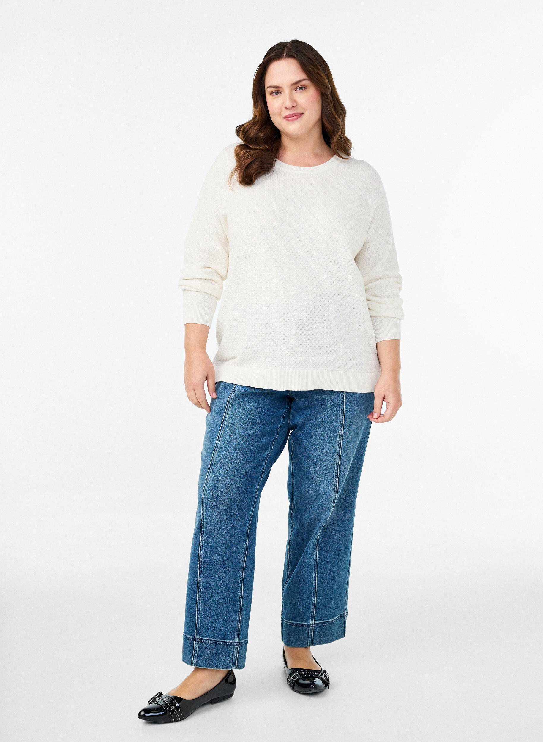 ZizziGebreide blouse van katoen met structuurpatroon, Vanille, Model image number 1