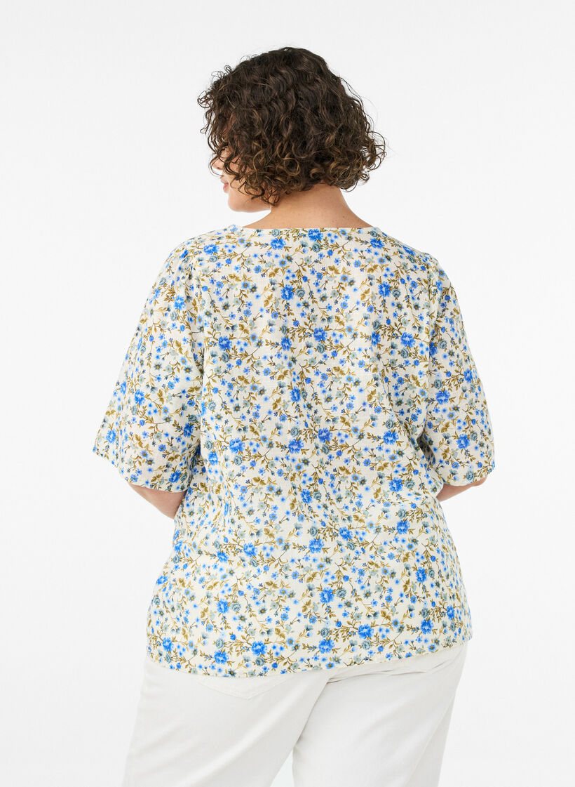Katoenen shirt met korte mouwen en een V-hals, Blauw, Model