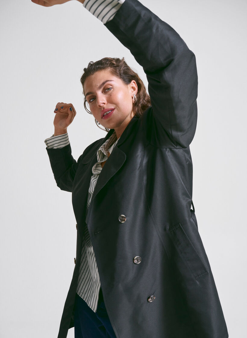 Korte trenchcoat met riem, Black, Image