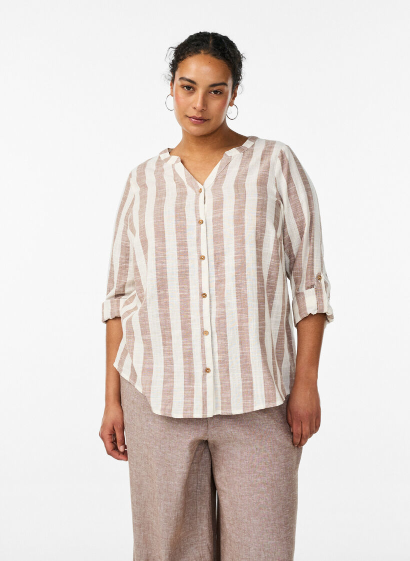 Chemisier en coton avec col en V, Beige, Model image number 0