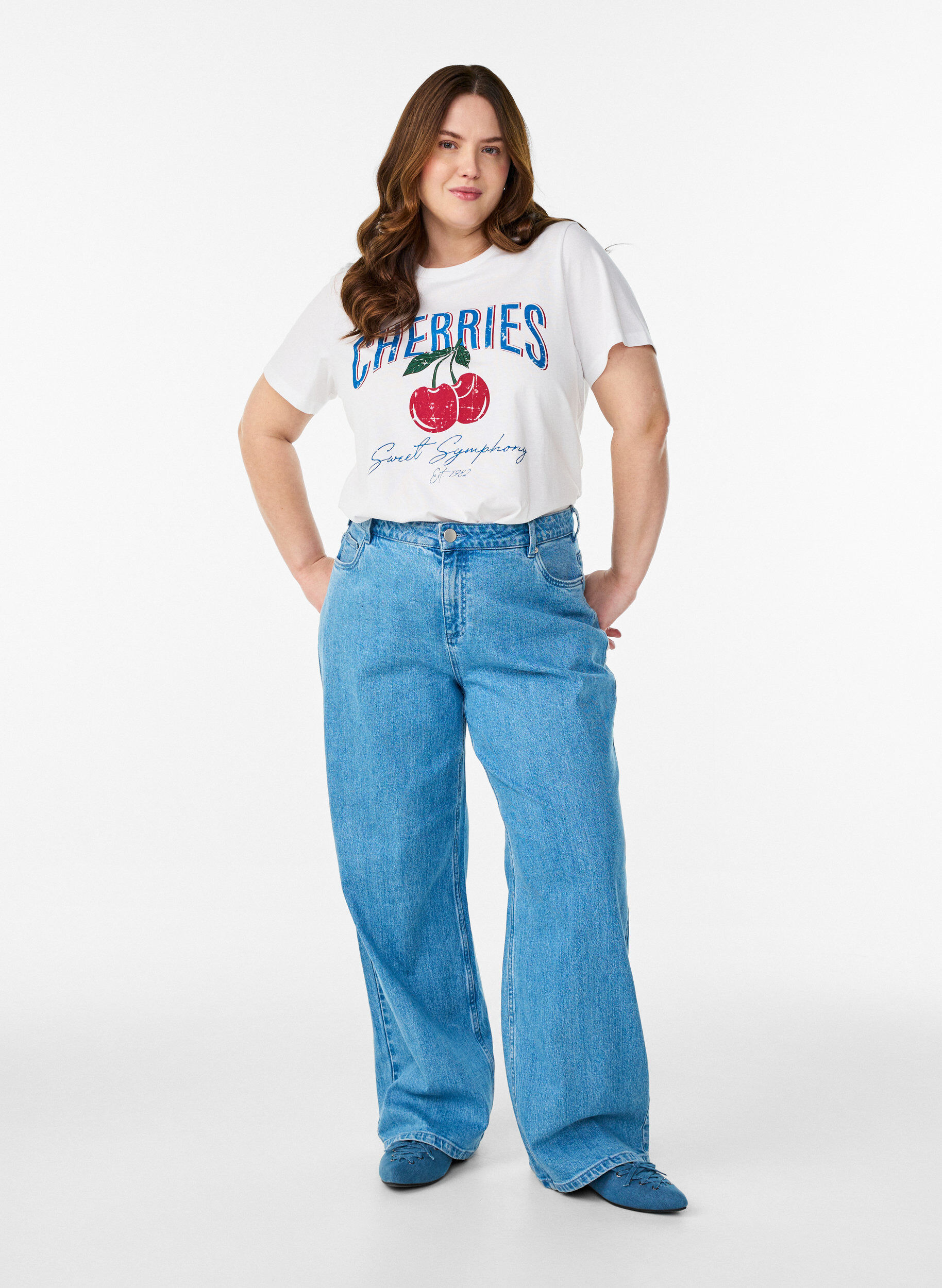 ZizziKatoenen T-shirt met fruitprint en tekst, Wit, Model image number 1