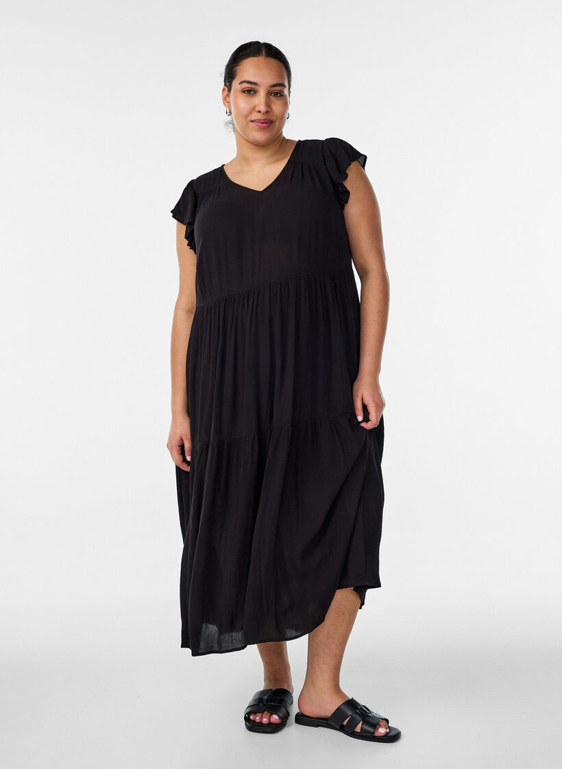 Midi jurk van viscose met ruches mouwen, Zwart, Model image number 0