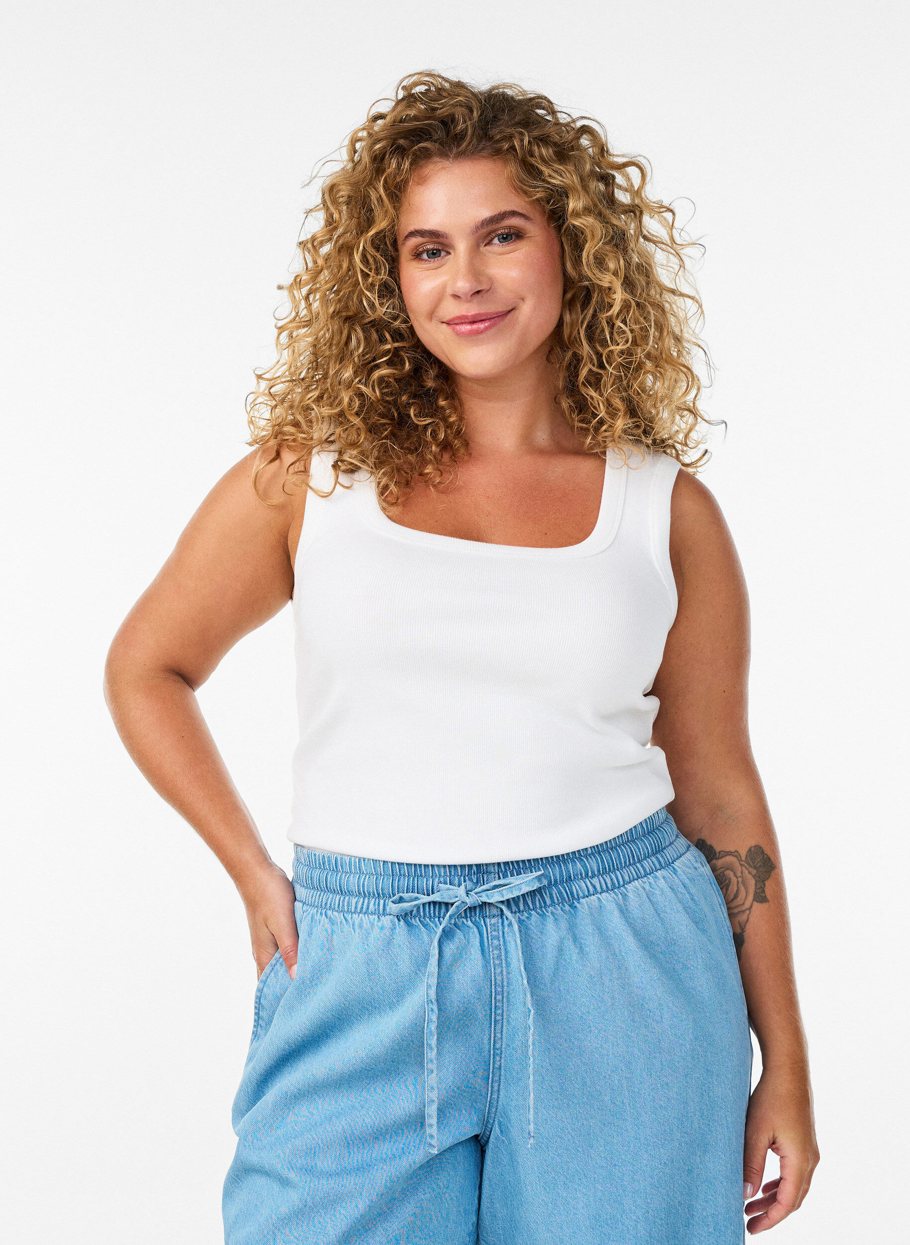 Rib top met vierkante halslijn, Wit, Model