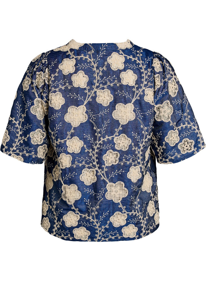 Blouse met V-hals en geborduurd patroon, Blauw, Packshot image number 1