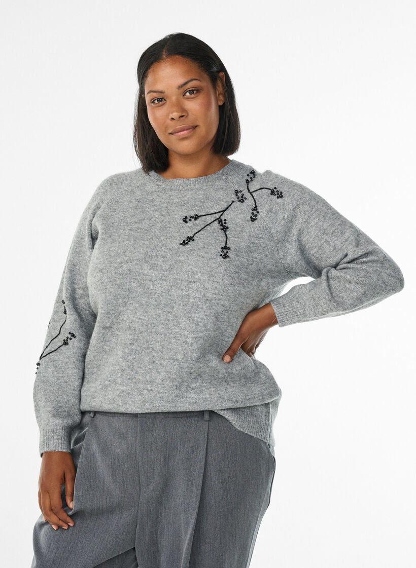 Trui met parelborduursel, Grijs, Model image number 0