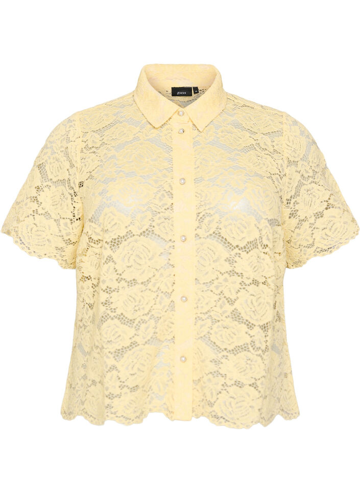 Kanten shirt blouse met parelknopen, Geel, Packshot image number 0