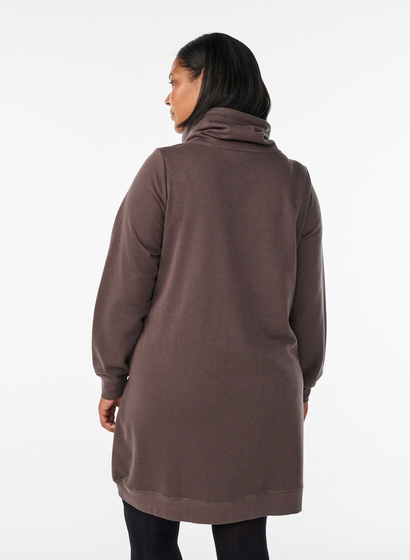 Kort sweatshirt jurk met hoge kraag en zakken, Bruin, Model image number 2